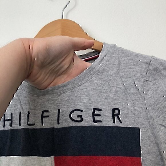 TOMMY HILFIGER Embroidered Logo Flag Tee Gray Spellout Short Sleeve T-Shirt S - Picture 5 of 8